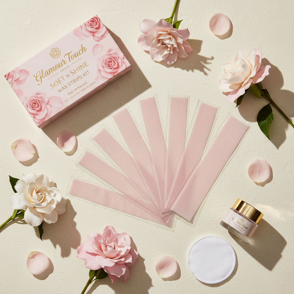 Glamour Touch Wax Strips flat lay with rose petals on cream background