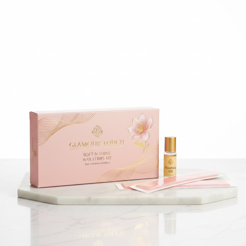 Glamour Touch Soft n Shine Wax Strips Kit product shot on white marble